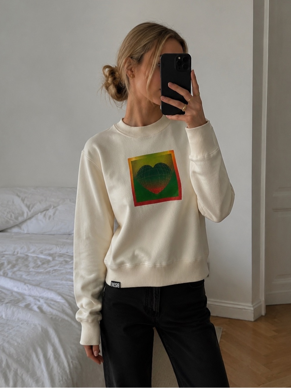 Diesel Cream Sweatshirt with Green-Red Heart Print